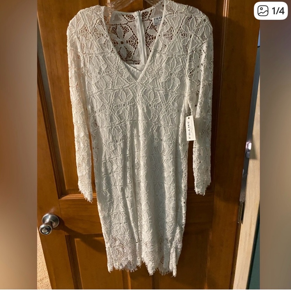 Frame Denim White Lace Long Sleeve V-Neck Dress